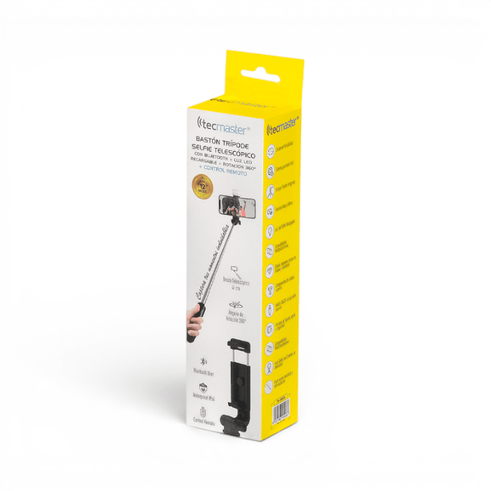 Bastón Selfie Tecmaster TM-200558 Bluetooth con Trípode Luz LED IPX4 Control Remoto Negro3