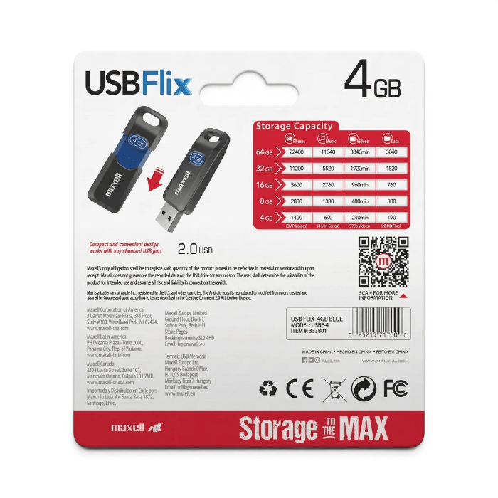 Pendrive Maxell Flix 4GB USB 2.0 Diseño Retráctil Modelo USBF-42