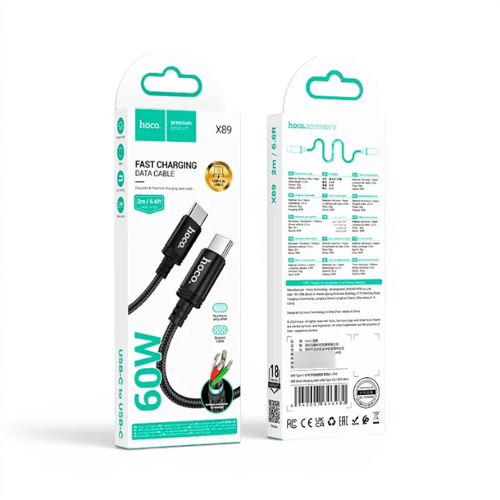 Cable Hoco X89 Wind USB-C a USB-C 60W PD 3A Nylon Trenzado Carga y Datos 2 Metros Negro3