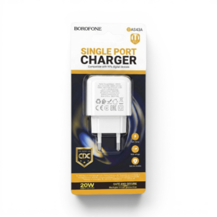 Cargador Borofone BAS43A 20W Puerto USB-C Carga Rápida PD Sin Cable Blanco1