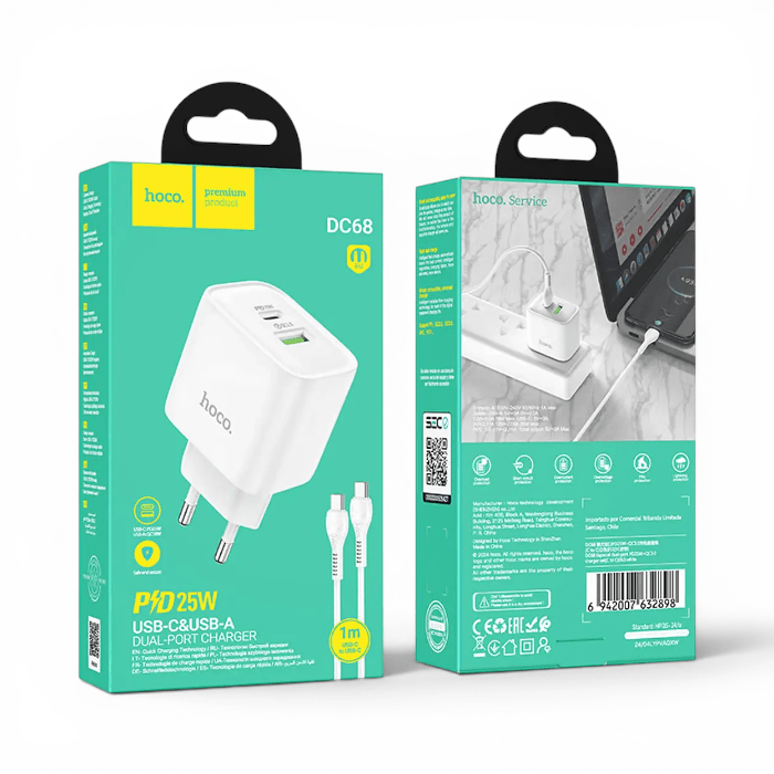 Cargador Hoco DC68 25W Doble Puerto USB-C y USB-A con Cable 1 Metro Blanco1
