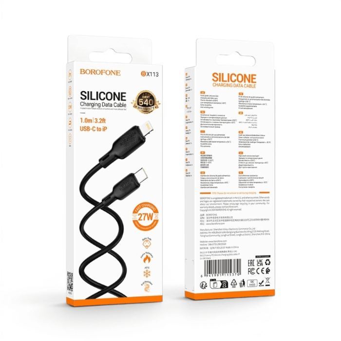 Cable Borofone BX113 USB-C a Lightning 27W Carga Rápida y Datos Flexible 1 Metro Negro1
