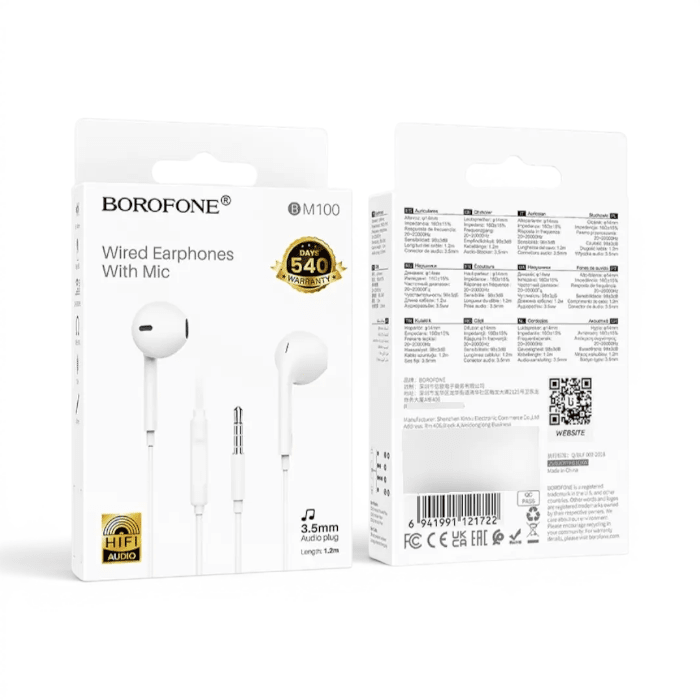 Audífonos con Cable Borofone BM100 In Ear Jack 3.5mm Driver 14mm con Micrófono Blanco3