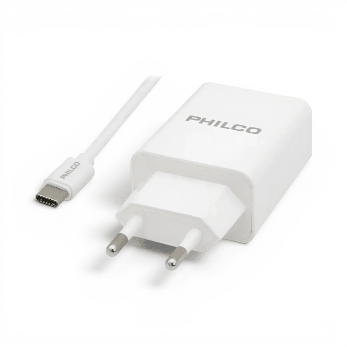 Cargador Philco 10W Doble Puerto USB-A 2.1A con Cable Type-C 1.2m Blanco2