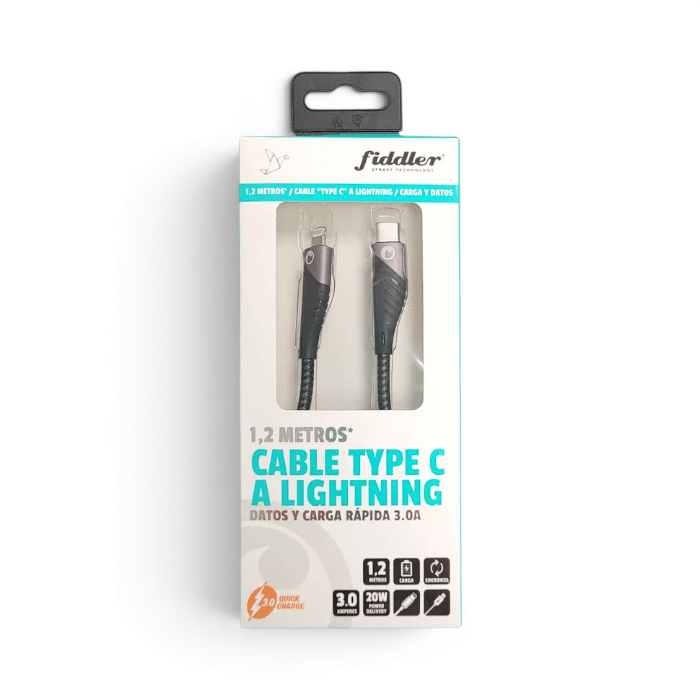 Cable Fiddler USB-C a Lightning 20W PD 3A Carga Rápida y Datos 1.2 Metro Negro3