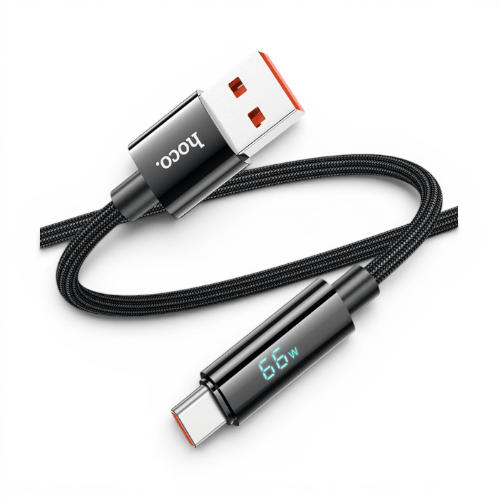 Cable Hoco U125 Benefit USB-A a USB-C 5A Nylon Trenzado Display LED Carga Rápida 1.2 Metros Negro1