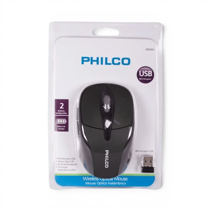 Mouse Philco 245WN Inalámbrico 2.4GHz Óptico 3 Botones Scroll Receptor USB Negro2