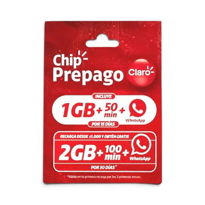 Chip SIM Prepago Claro 1GB + 50 Minutos + WhatsApp1