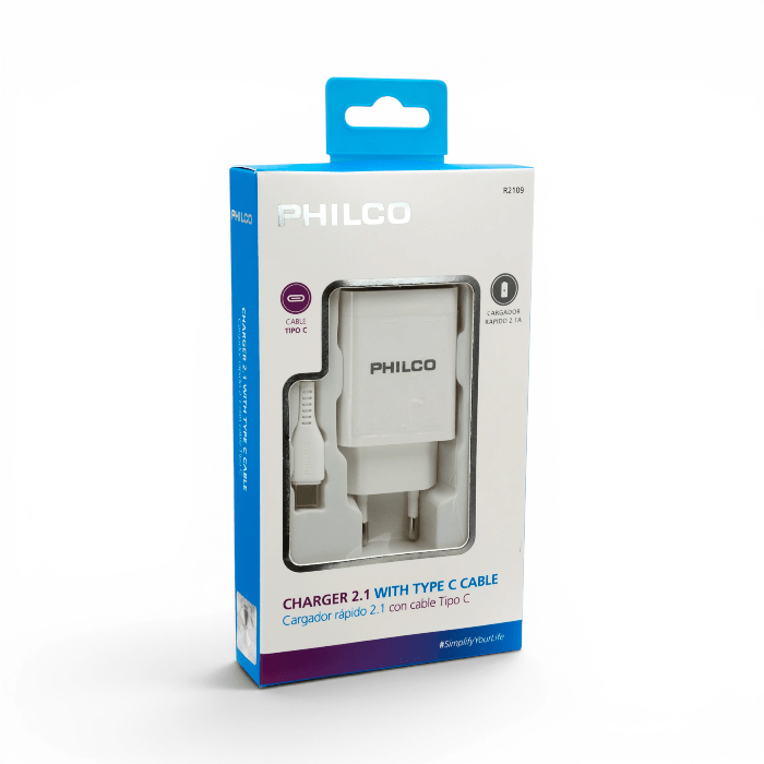 Cargador Philco 10W Doble Puerto USB-A 2.1A con Cable Type-C 1.2m Blanco3
