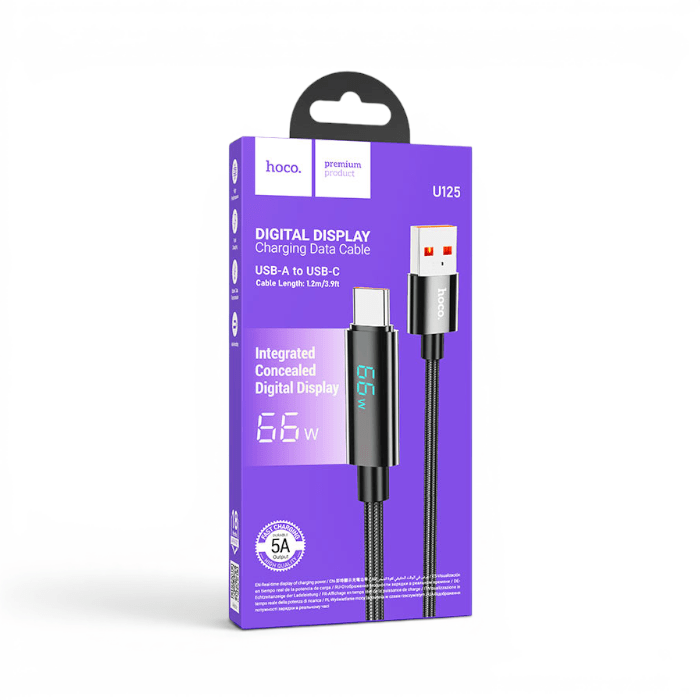 Cable Hoco U125 Benefit USB-A a USB-C 5A Nylon Trenzado Display LED Carga Rápida 1.2 Metros Negro3