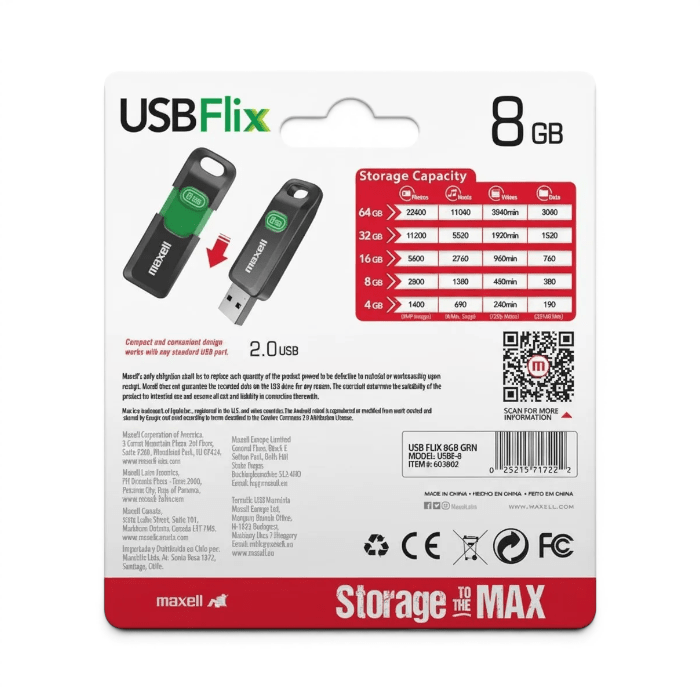 Pendrive Maxell Flix 8GB USB 2.0 Diseño Retráctil Modelo USBF-82