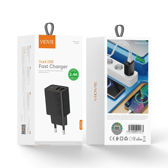 Cargador Vidvie PLE275 12W Doble Puerto USB-A 2.4A Sin Cable Negro2