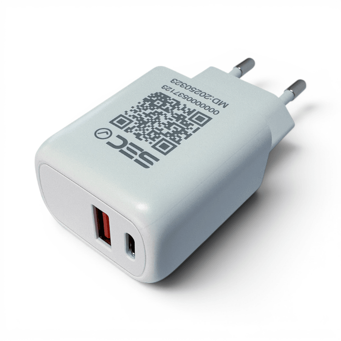 Cargador Tecmaster TM-200564 30W GaN Doble Puerto USB-C PD y USB-A QC3.0 con Cable USB-C Blanco1