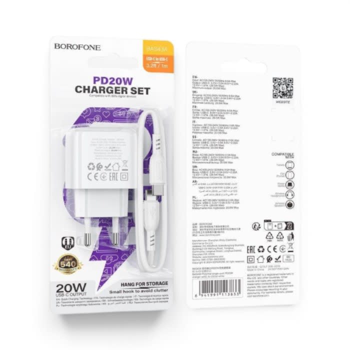 Cargador Borofone BAS43A 20W USB-C PD con Cable USB-C a USB-C 1 Metro Blanco1