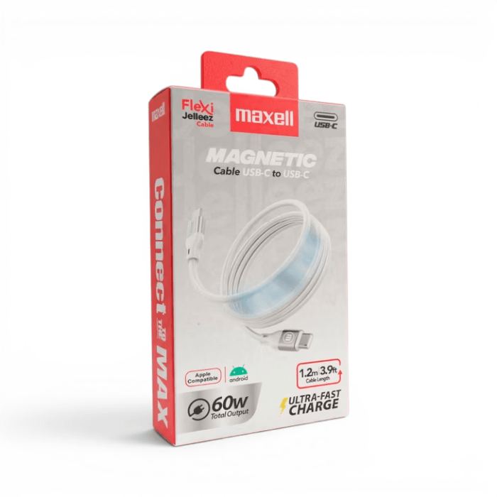 Cable Maxell Flexi Jelleez Magnetic USB-C a USB-C 60W PD Ultra-Fast Charge 1.2 Metros3