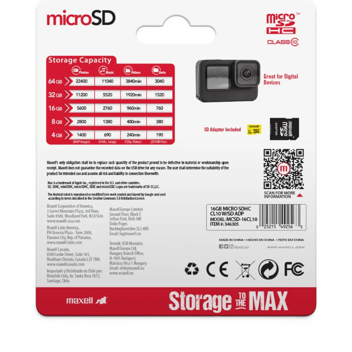 Tarjeta MicroSD Maxell 16GB Clase 10 UHS-1 TransFlash con Adaptador SD2