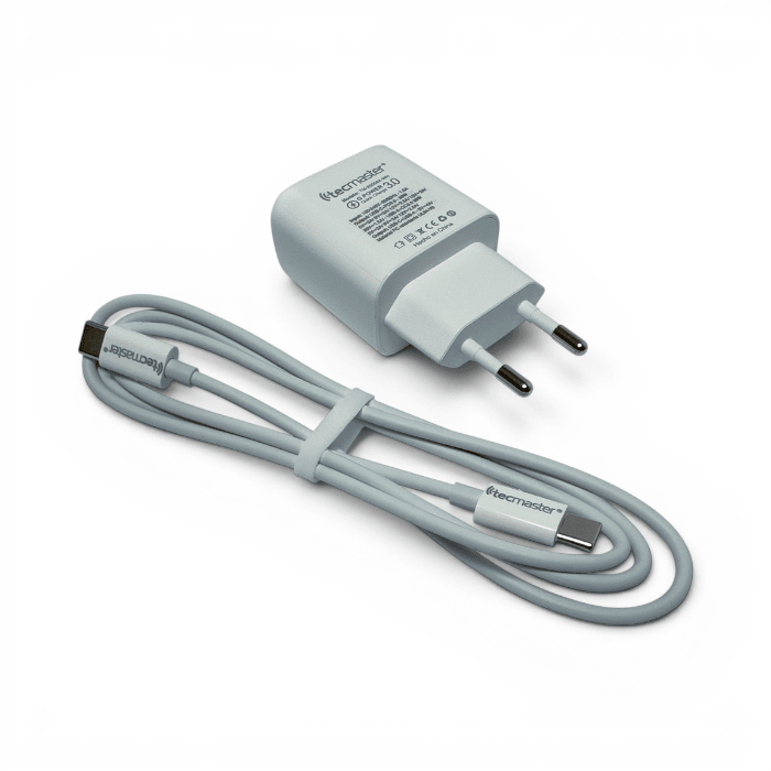 Cargador Tecmaster TM-200564 30W GaN Doble Puerto USB-C PD y USB-A QC3.0 con Cable USB-C Blanco2