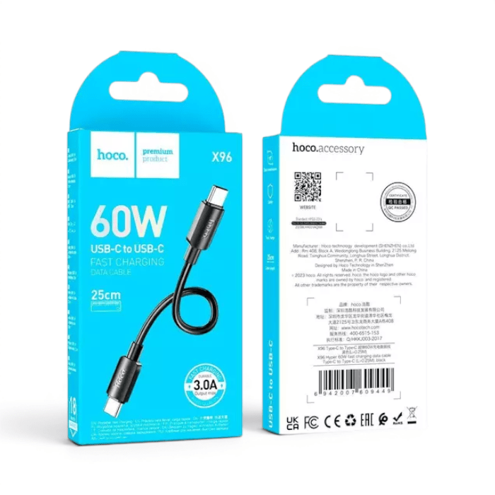 Cable Hoco X96 Paddy USB-C a USB-C 60W PD 3A Nylon Trenzado Carga y Datos 25cm Negro3
