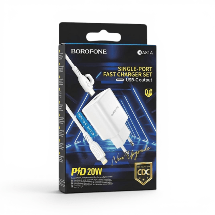 Cargador Borofone BA81A 20W USB-C PD con Cable USB-C a Lightning 1 Metro iPhone Blanco3