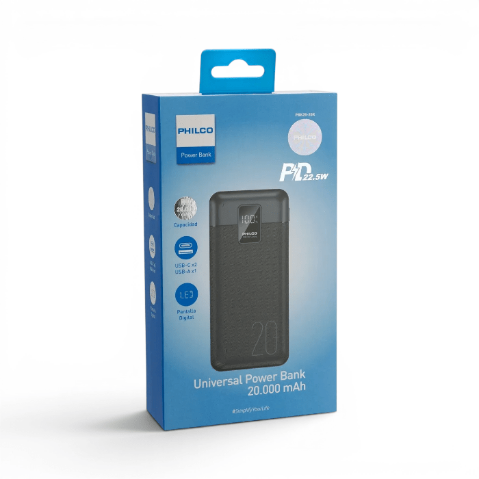 Power Bank Philco Universal PBK25-20K 20000mAh USB-C x2 USB-A PD 22.5W Pantalla Digital Negro1