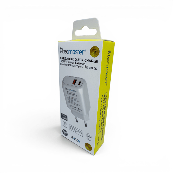 Cargador Tecmaster TM-200564 30W GaN Doble Puerto USB-C PD y USB-A QC3.0 con Cable USB-C Blanco3