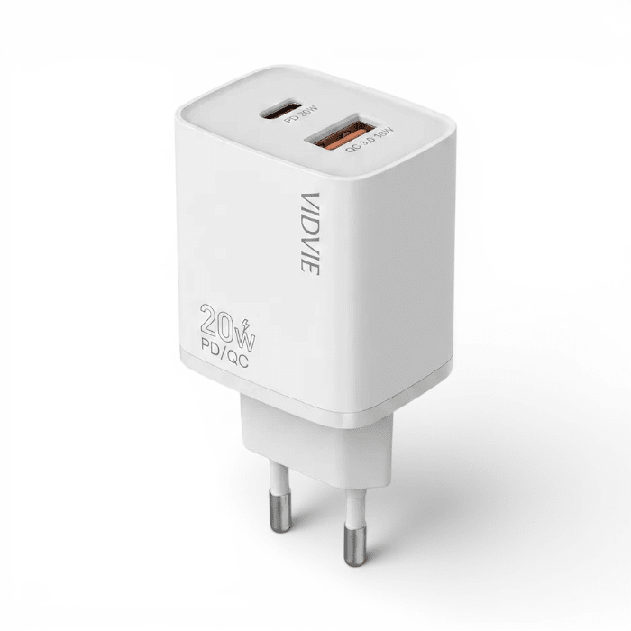 Cargador Vidvie 15551 20W Doble Puerto USB-C y USB-A Carga Rápida PD QC Sin Cable Blanco1