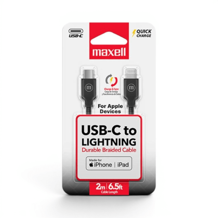 Cable Maxell USB-C a Lightning Carga Rápida PD Carga y Datos Flexible 2 Metros Negro1