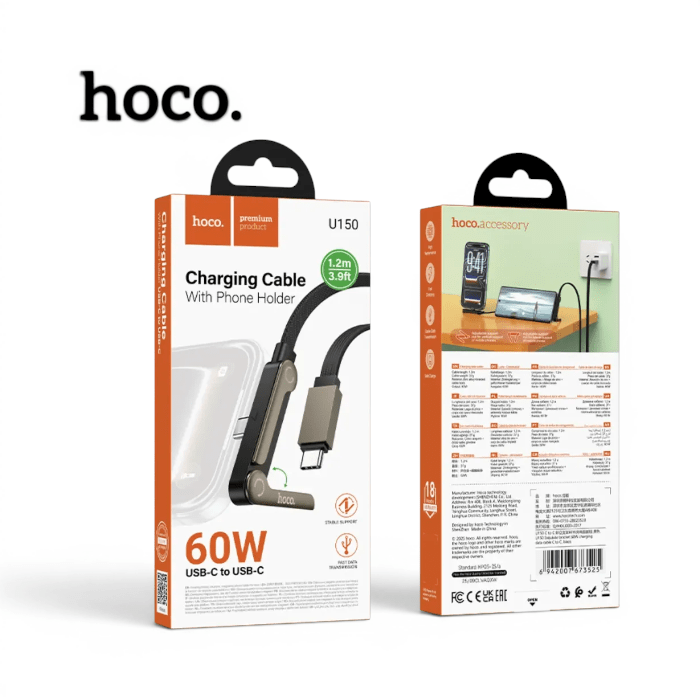Cable Hoco U150 Everlasting USB-C a USB-C 60W PD 3A Nylon Trenzado Carga y Datos 1 Metro Negro2