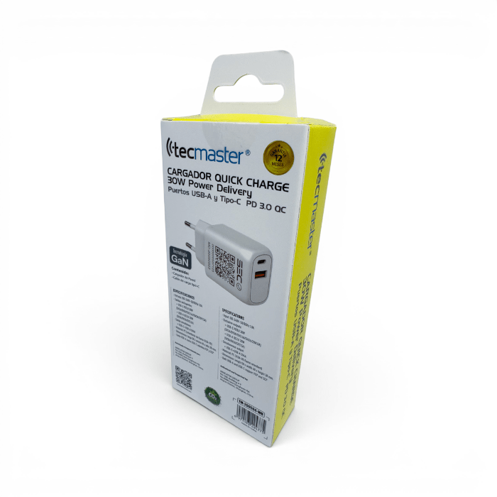 Cargador Tecmaster TM-200564 30W GaN Doble Puerto USB-C PD y USB-A QC3.0 con Cable USB-C Blanco4