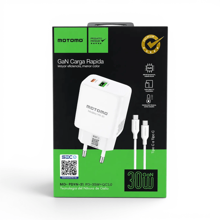 Cargador Motomo MO-PDYN-31 30W GaN Doble Puerto USB-C y USB-A Carga Rápida PD QC 3.0 con Cable Type-2