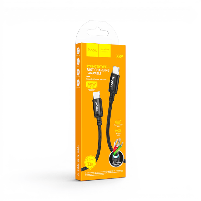 Cable Hoco X89 Wind USB-C a USB-C 60W PD 3A Nylon Trenzado Carga y Datos 1 Metro Negro4