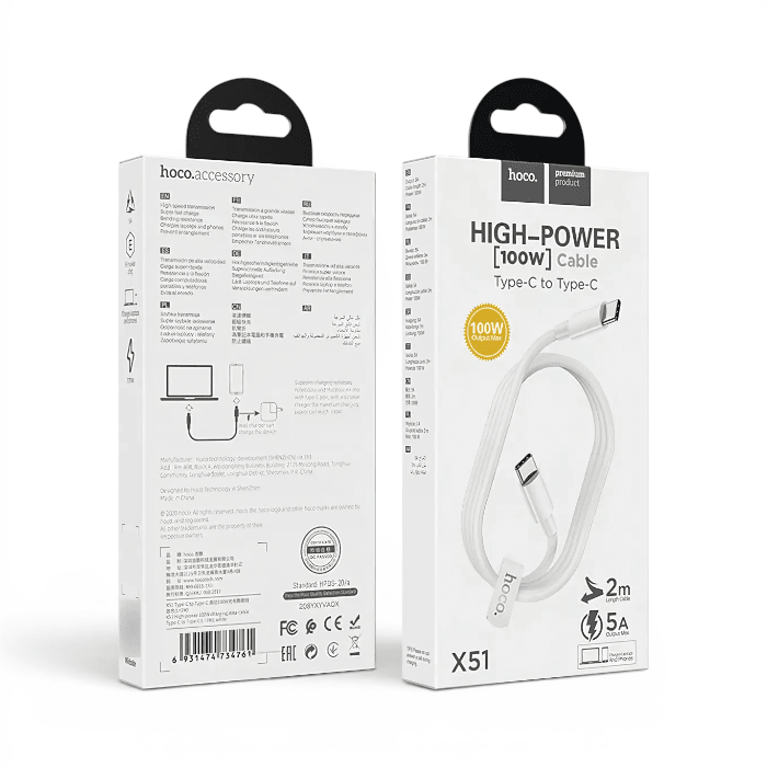 Cable Hoco X51 High-Power USB-C a USB-C 100W PD 5A Chip E-Marker TPE Flexible Carga y Datos 1 Metro3