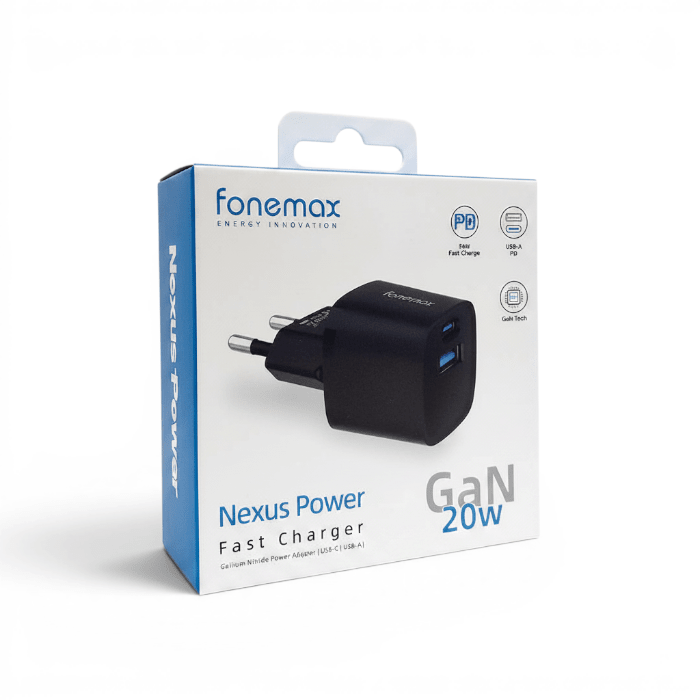 Cargador Fonemax Nexus Power 20W GaN Doble Puerto USB-C y USB-A Carga Rápida Negro1