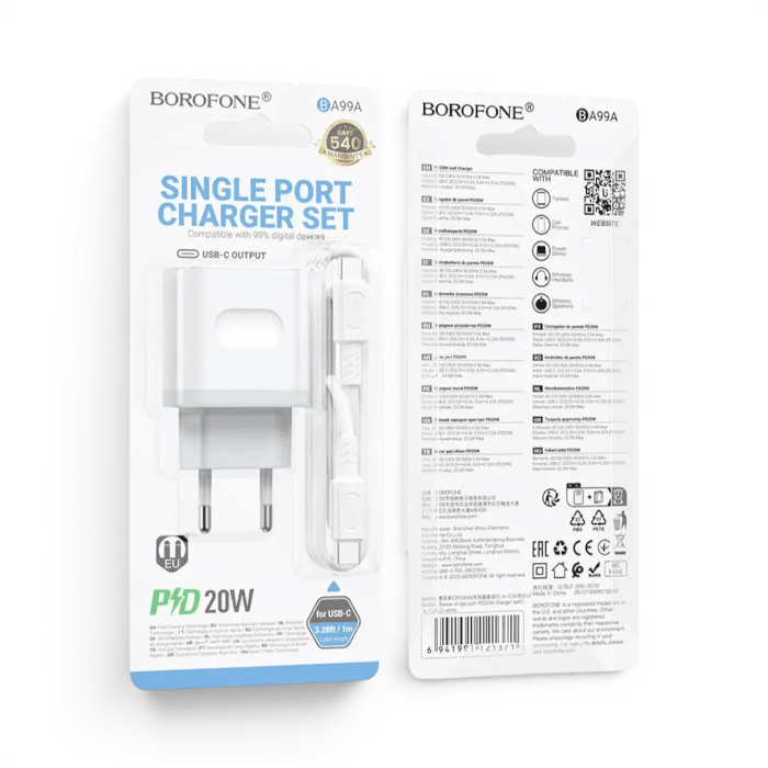 Cargador Borofone BA99A 20W Puerto USB-C Carga Rápida PD con Cable Type-C 1m Blanco2