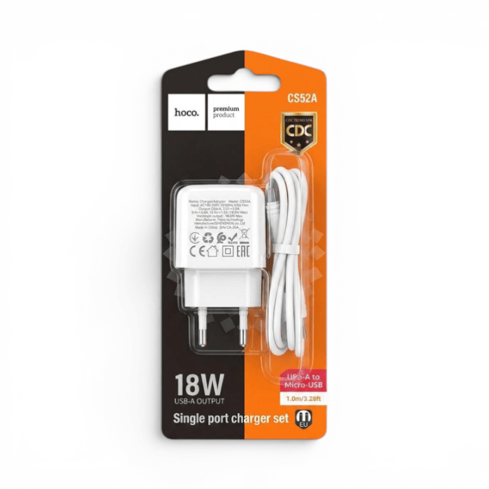 Cargador Hoco CS52A 18W Puerto USB-A Carga Rápida QC con Cable USB-A a Type-C 1m Blanco1