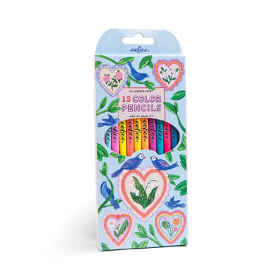 12 LÁPICES DE COLORES FLUORESCENTES - CORAZONES Y PAJAROS