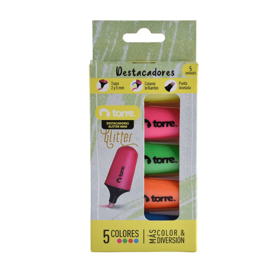 SET DESTACADORES GLITTER MINI 5 COLORES1