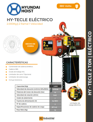 TECLE ELECTRICO HY 380V 2000KG 2 RAMAL 1VEL