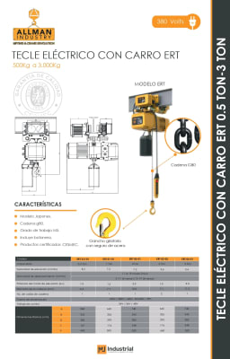TECLE ELECTRICO CON CARRO ERT 380V  2000Kg, 1 Ramal, 1 Vel1