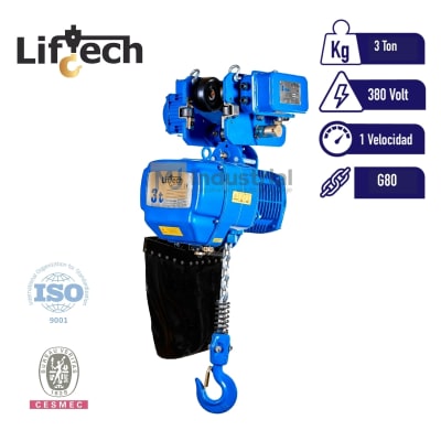 TECLE ELECTRICO CON CARRO AMEH 380V 3000Kg,1 Ramal 1 Vel1