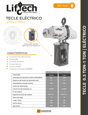 TECLE ELECTRICO AMH 220V 1000Kg,2 Ramal 1 Vel Color blanco1