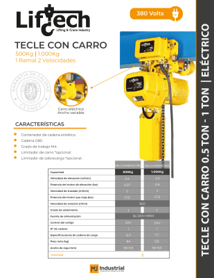 TECLE ELECTRICO CON CARRO AMEH 380V 1000Kg,1 Ramal 2 Vel1