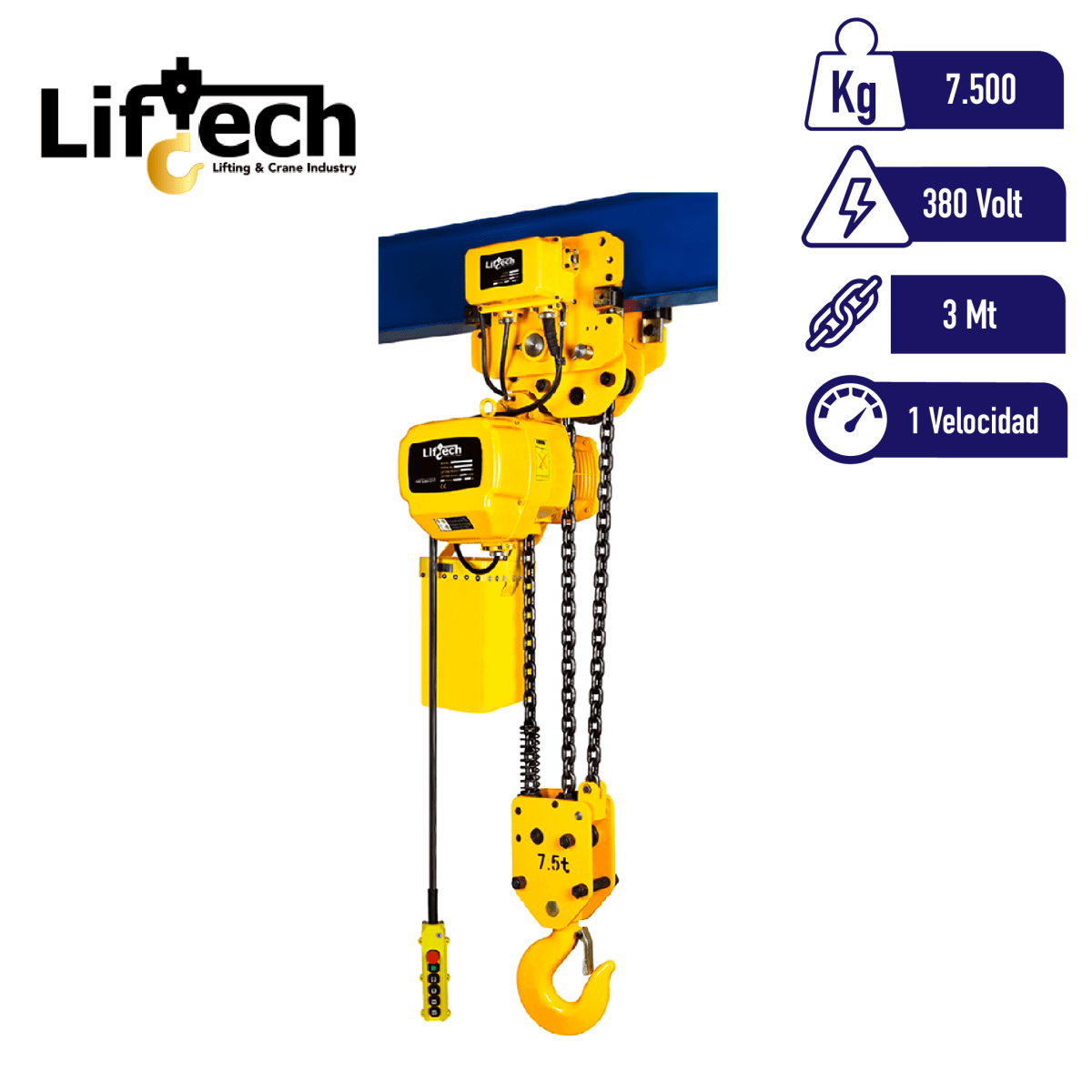 TECLE ELECTRICO CON CARRO AMEH 380V 7.500Kg,3 Ramal 1 Vel 0