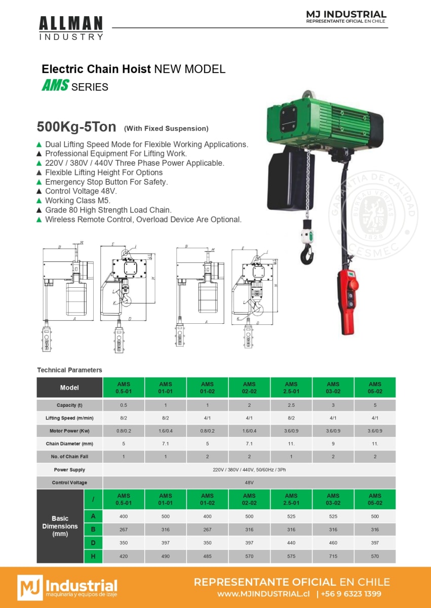 TECLE ELECTRICO AMS 380V2000Kg,2 Ramal 2 Vel 2