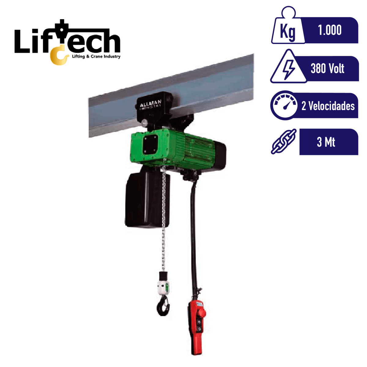 TECLE ELECTRICO CON CARRO AMS 380V1000Kg,1 Ramal 2 Vel 0