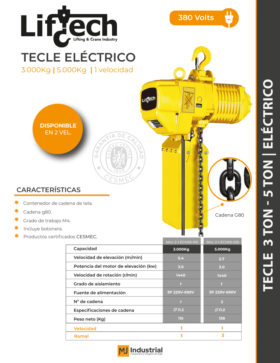 TECLE ELECTRICO ECH 380V 5000Kg,2 Ramal 1 Vel2