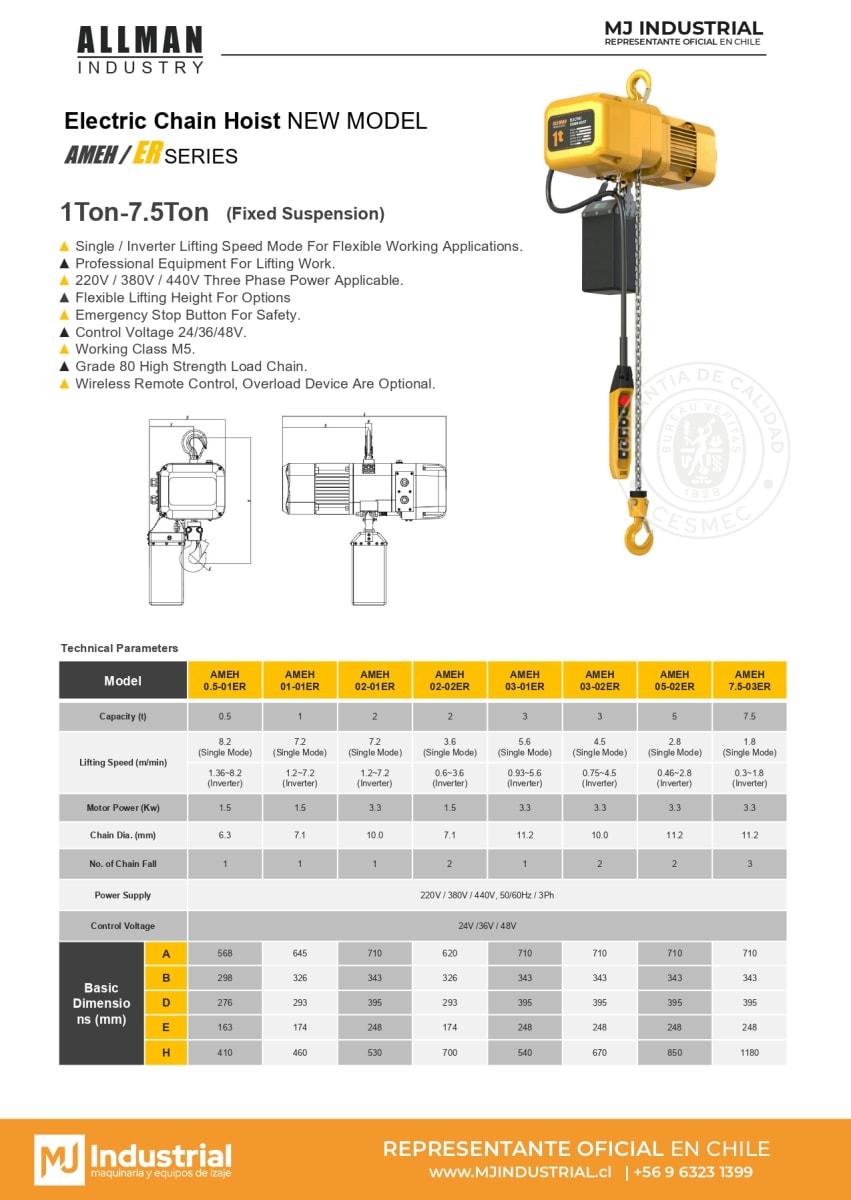 TECLE ELECTRICO ER 380V 1000Kg, 1 Ramal, 1 Vel2