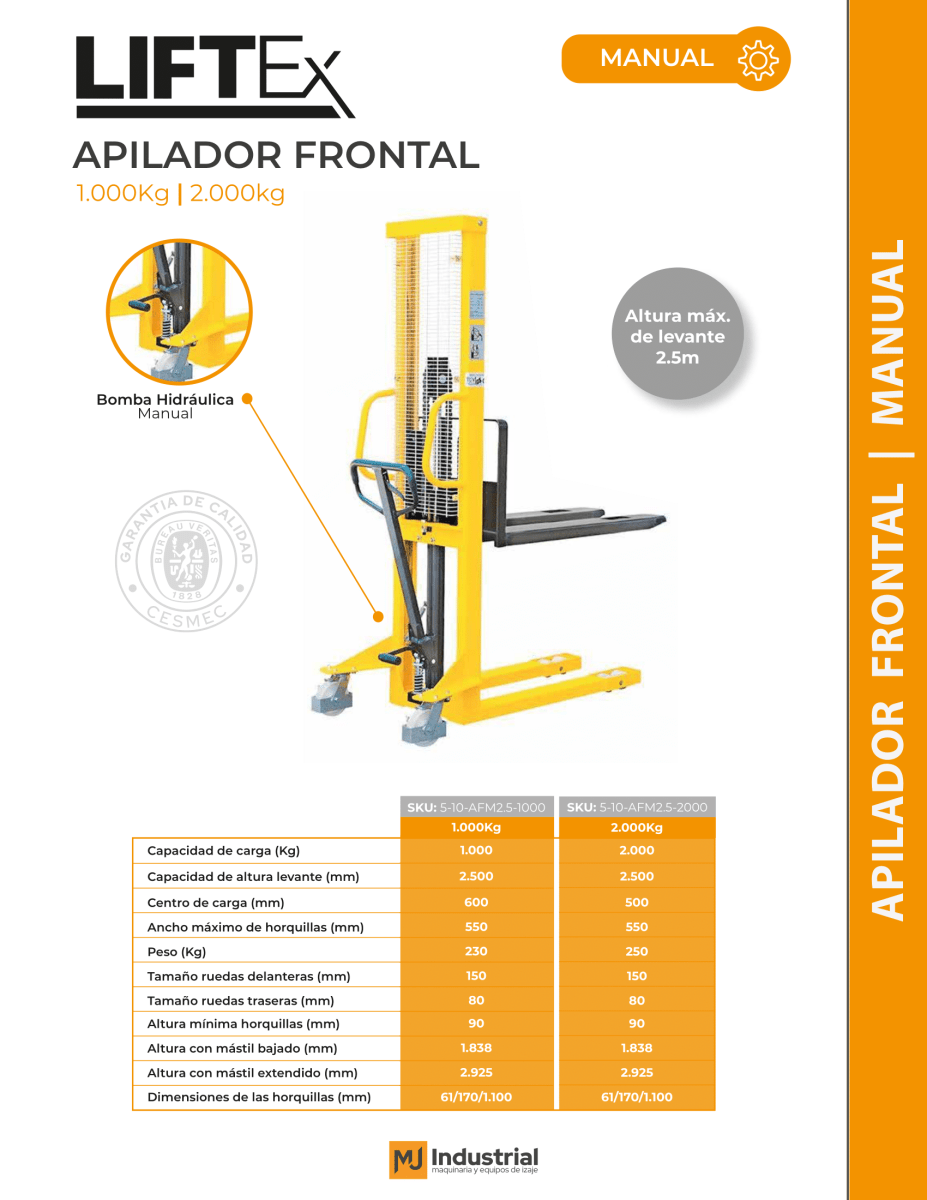 CARGADOR O APILADOR FRONTAL Marca LIFTEXMANUAL 2000KG-2.5M2