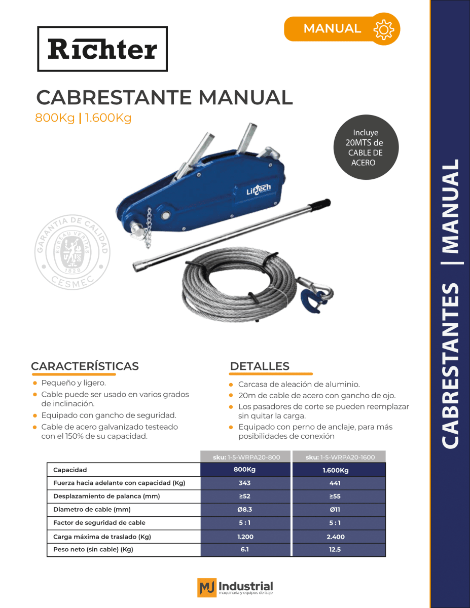 CABRESTANTE MANUAL TIPO TIRFOR  0.8Ton x 20mt2