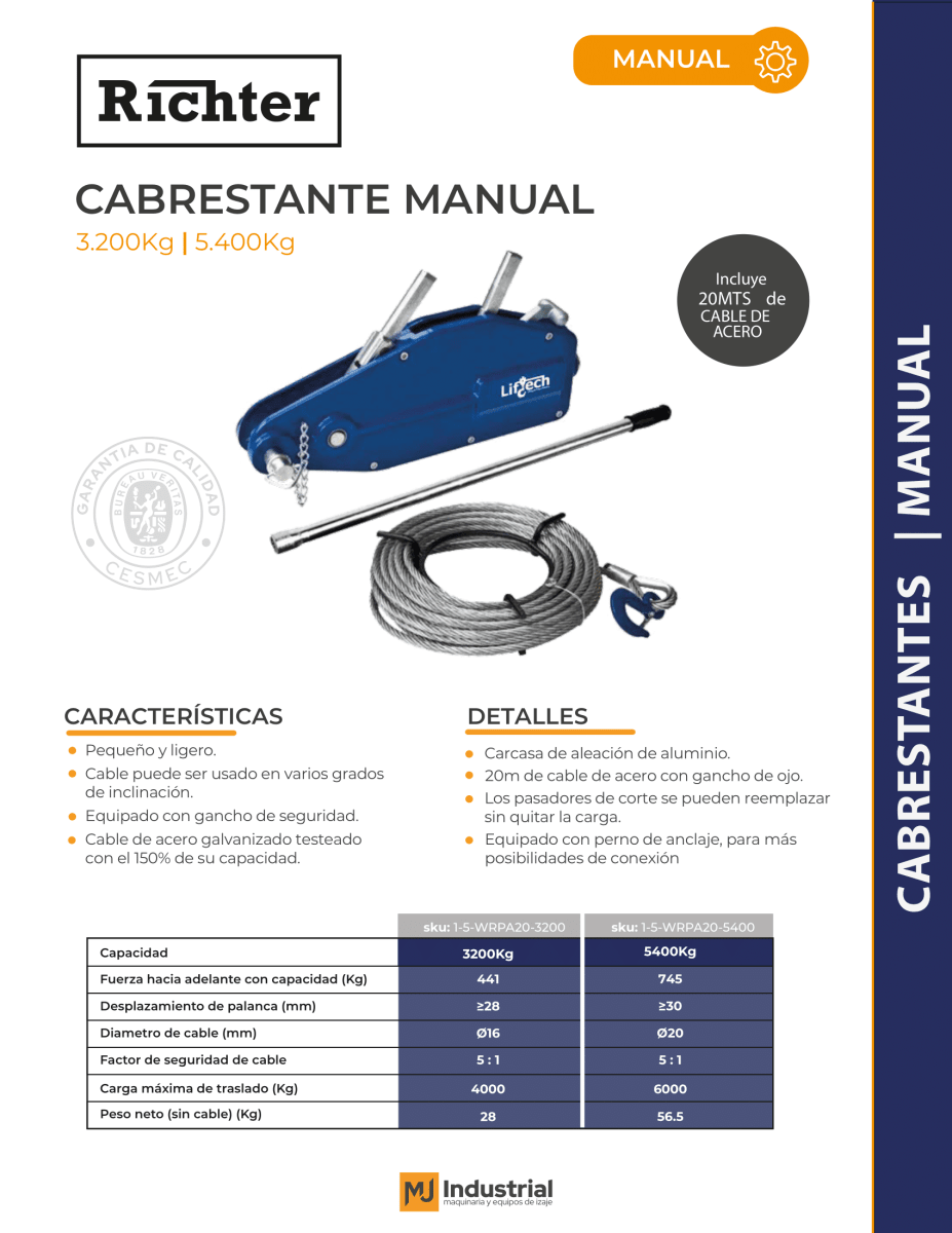 CABRESTANTE MANUAL TIPO TIRFOR  5.4Ton x 20mt2